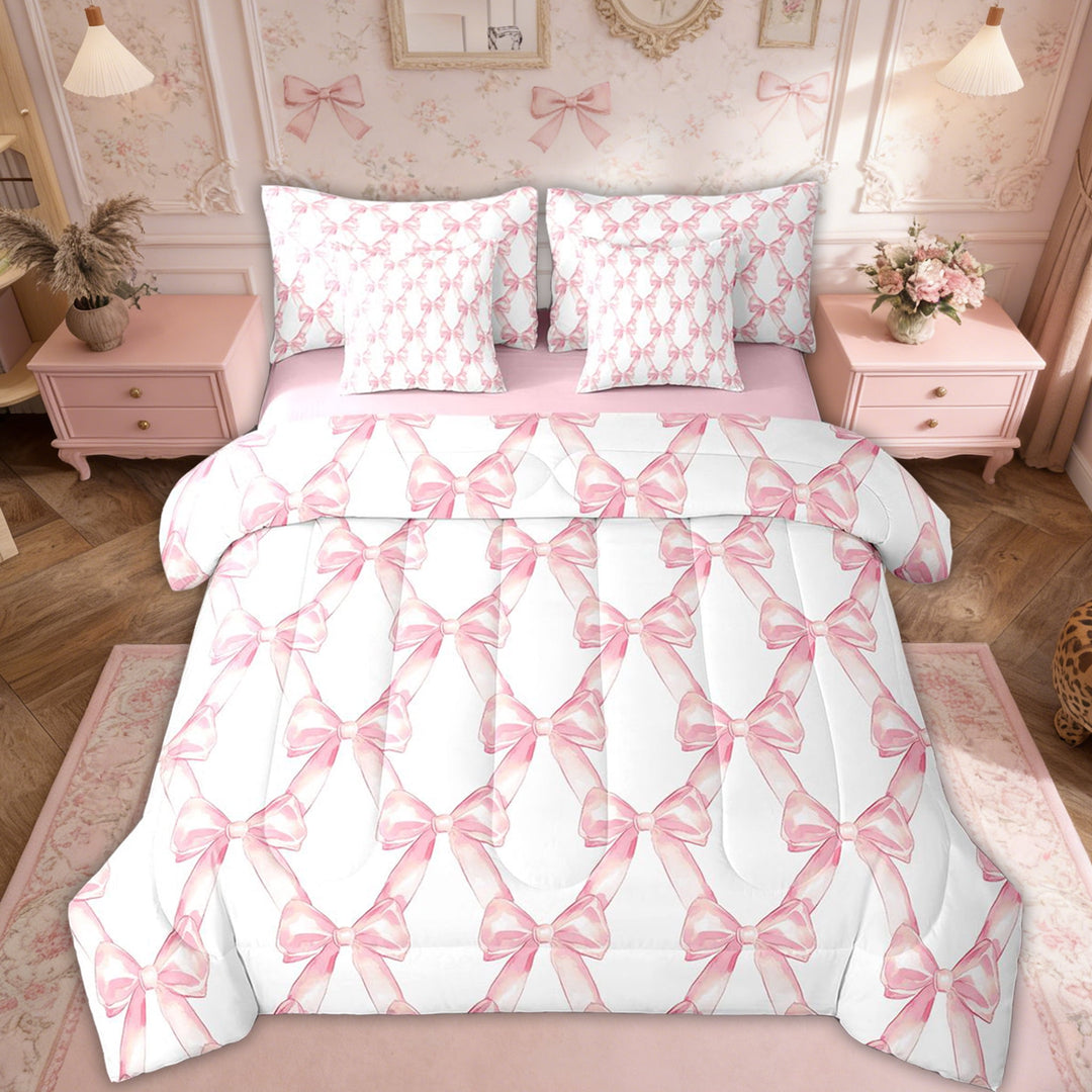 Erosebridal Pink Bowknot Princess Comforter Set, 7-Piece Twin Bedding with Sheets