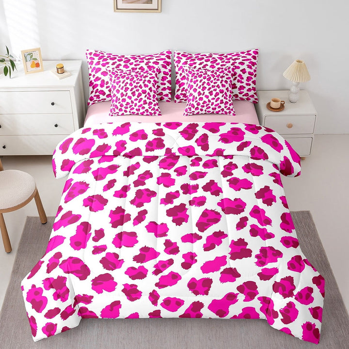 Erosebridal Wildlife Leopard Bed In A Bag Full Size,Pink Animal Print Bed Set,Jungle Decor,Reversible,Breathable,7-Piece