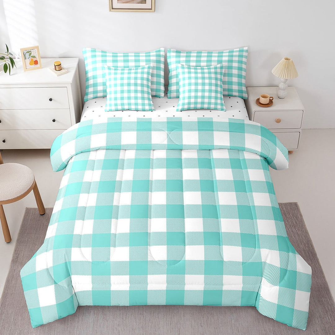 Erosebridal Teal Buffalo Bedding Sets Twin Size,Abstract Artwork Comforter Sets with Sheets,Geometric Plaid Bed in a Bag Twin size,Super Cozy Grid Room Decorative,7pcs