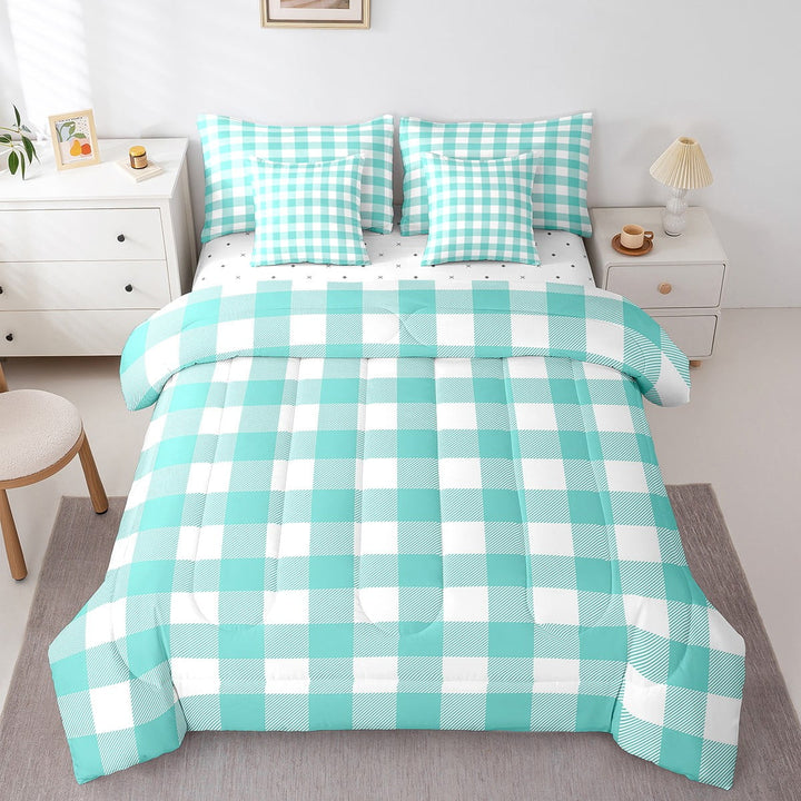 Erosebridal Teal Buffalo Bedding Sets Twin Size,Abstract Artwork Comforter Sets with Sheets,Geometric Plaid Bed in a Bag Twin size,Super Cozy Grid Room Decorative,7pcs