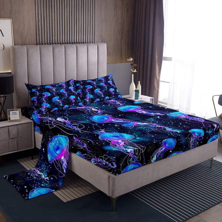 Erosebridal Jellyfish Bed Sheets Set Twin Marine Life Sheet Set Black Blue Neon Ombre Light Ocean Bubbles Sheets Cartoon Glow Gradient Flat Fitted Sheet