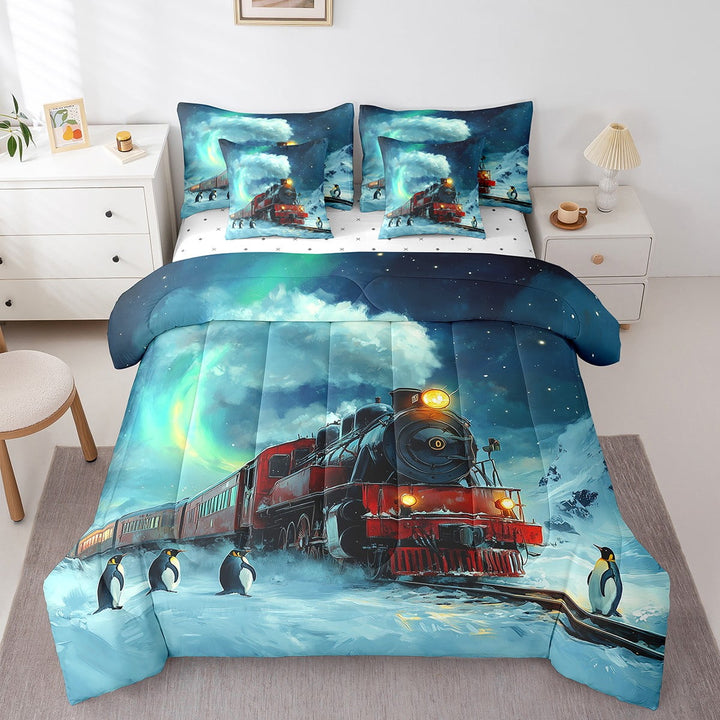 Train Twin 7 Pieces Bedding Set Vintage Steam Engine Comforter Set Men Cute Penguin Green Galaxy Bed In A Bag,Retro Truck Car Comforter Locomotive Snow Mountain Fitted Sheet,Soft
