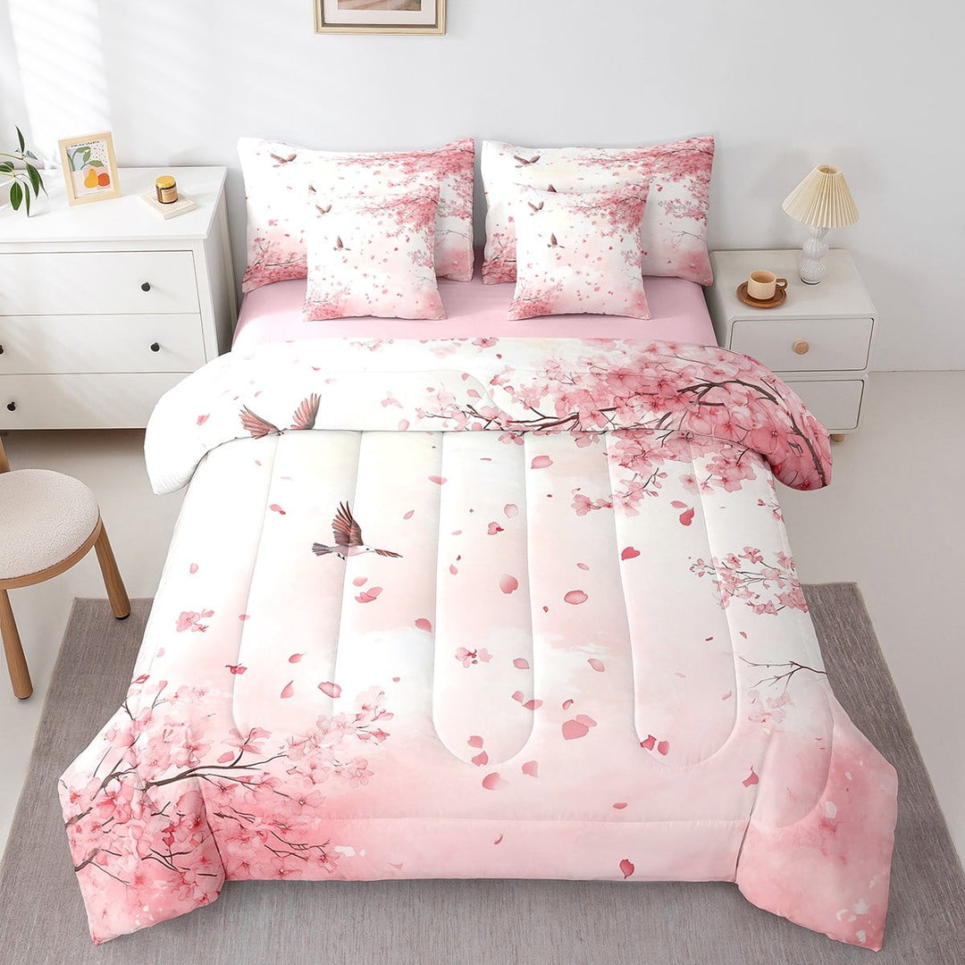 Erosebridal Cherry Blossom Bedding Queen Size,Spring Garden Bed in a Bag Queen size,Sakura Room Decorative,Reversible,Lightweight,7 Pieces