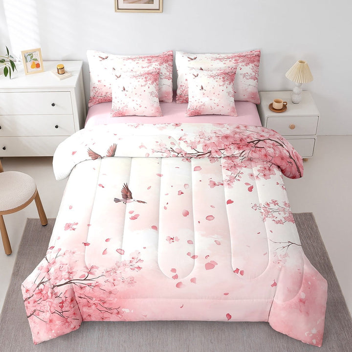 Erosebridal Cherry Blossom Bedding Queen Size,Spring Garden Bed in a Bag Queen size,Sakura Room Decorative,Reversible,Lightweight,7 Pieces