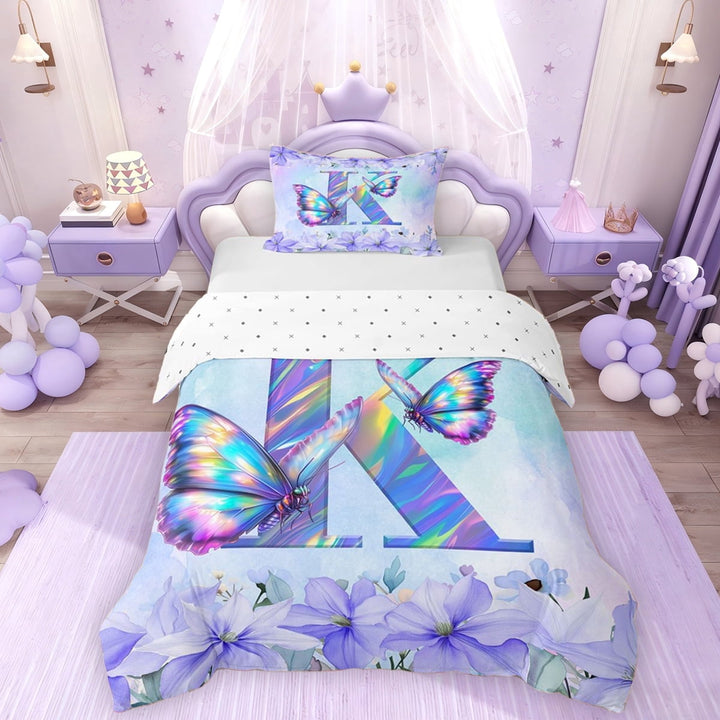 Erosebridal Purple Butterfly Twin Bedding for Girls, Garden Flower Floral Duvet Cover Set, Letter K, Reversible, 1 Duvet Cover and 1 Pillowcase (No Comforter)