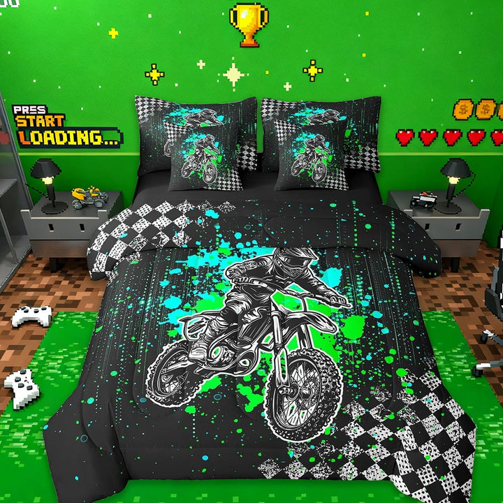 Manfei Kids Dirt Bike 7 Pieces Bedding Comforter Set,Racing Motocross Rider Extreme Sports Full Bedding Set,Motorcycle Bed Set Reversible