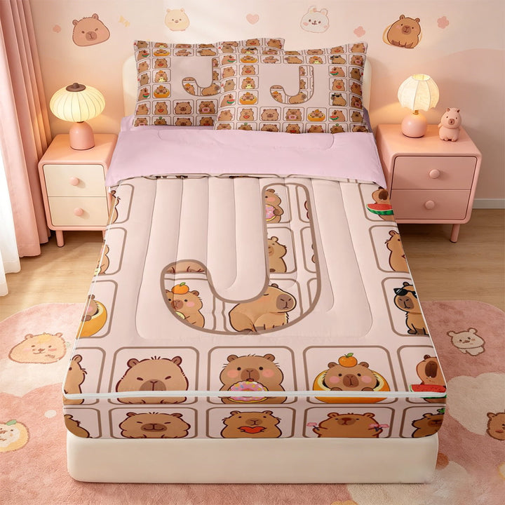 meiyoeat meiyoeat Funny Animals Capybara Zipper Twin Comforter Sets with Fitted Sheet and 2 Pillowcases,Cartoon Checkered Initial J Zipper Bedding Set,Pink Reversible,4 Pieces