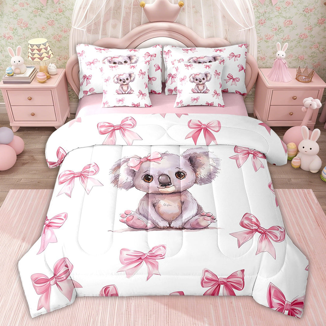Erosebridal Bowknot Koala Bedding Sets Twin with Comforter, Princess Bow Bedding Sets for Girls Kids,, Pink Reversible 7 Pieces