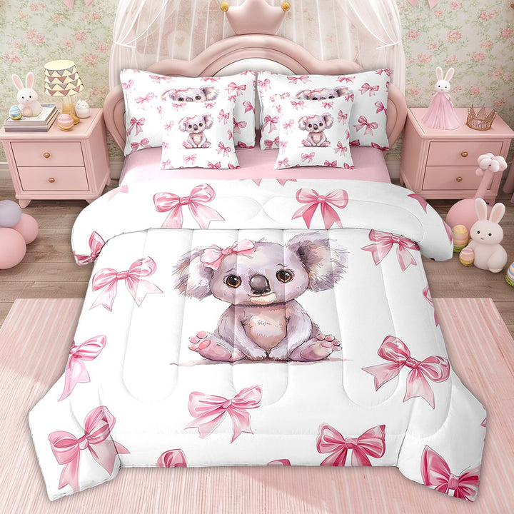 Erosebridal Bowknot Koala Bedding Sets Twin with Comforter, Princess Bow Bedding Sets for Girls Kids,, Pink Reversible 7 Pieces