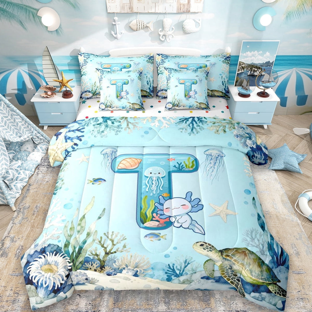 Erosebridal Cute Axolotl Kids 7-Piece Twin Bedding Sets,Ocean Theme T Alphabet Bedding Comforter Set For Boys,Reversible