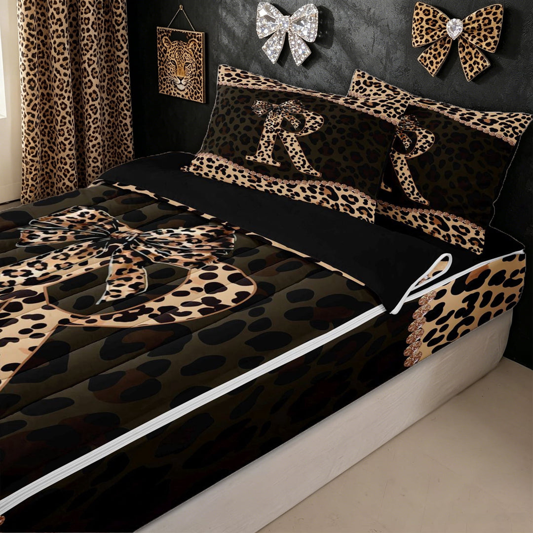 meiyoeat Bowknot Letter R Zipper Twin Comforter Sets with Fitted Sheet and 2 Pillowcases for Kids Girls, Cheetah Print Diamond Zipper Bedding Set, Brown Black, Black Reversible, 4 Pieces