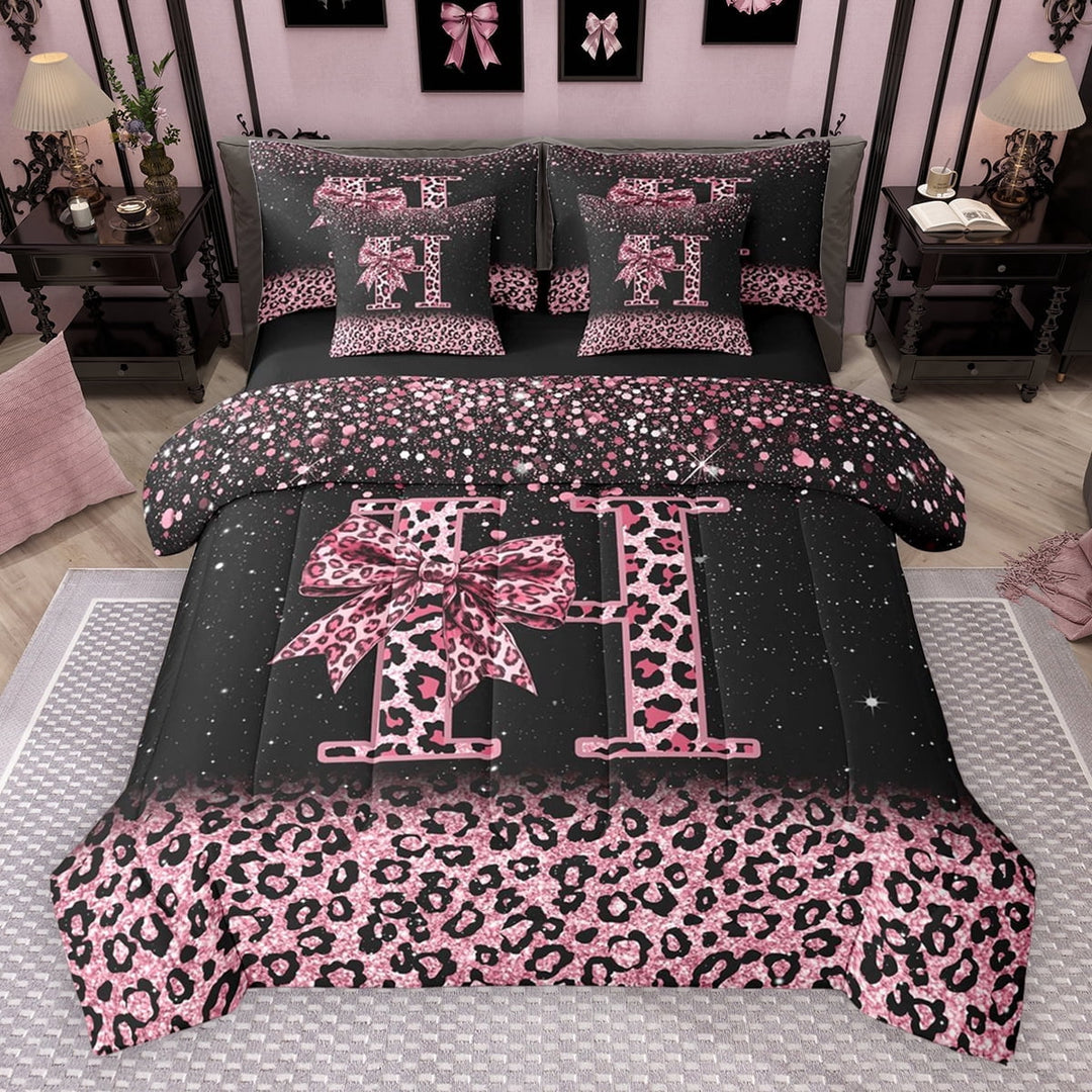 Erosebridal Cute Pink Leopard Print Twin Bedding Sets for Girls, Bowknot Letter H Bedding Comforter Set, Black Reversible 7pcs