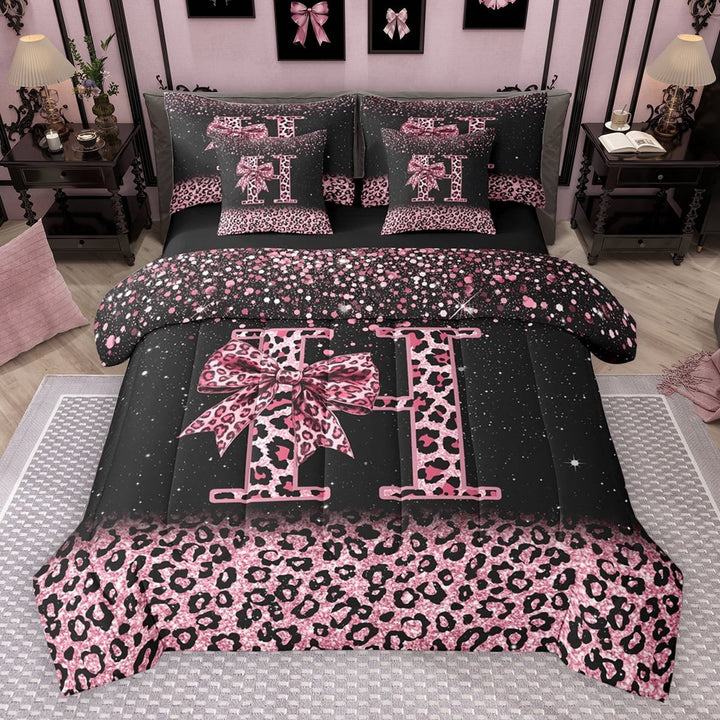 Erosebridal Cute Pink Leopard Print Twin Bedding Sets for Girls, Bowknot Letter H Bedding Comforter Set, Black Reversible 7pcs