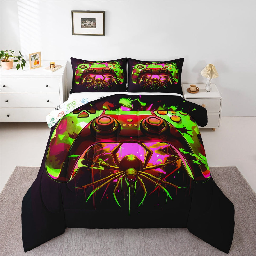 Gaming Comforter Set - Gamer Comforter Twin Bedding Sets , Gothic Giant Spider Green Yellow Purple Gamer Room Decor