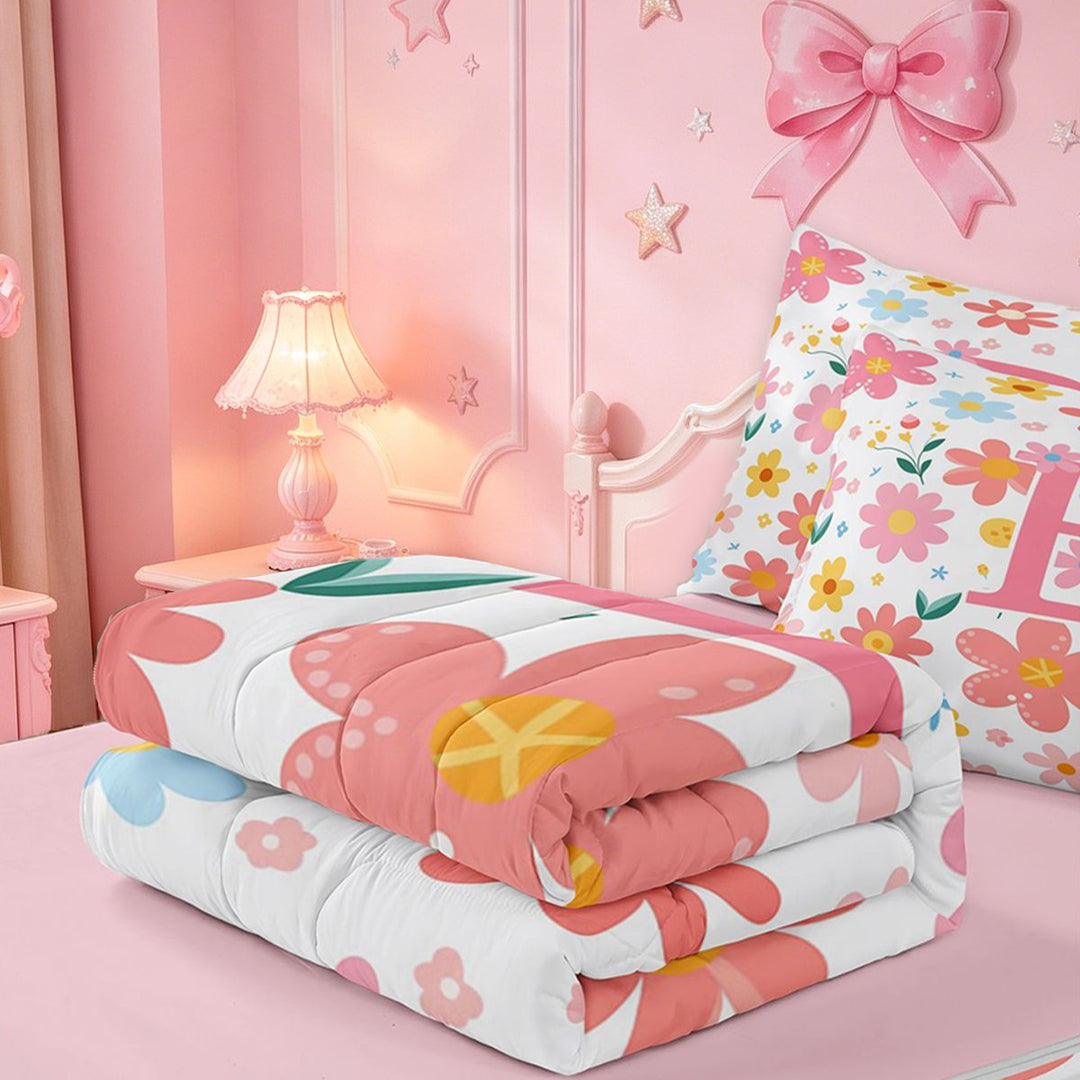 meiyoeat Colorful Cute Floral Print Zipper Twin Comforter Sets with Fitted Sheet and 2 Pillowcases For Kids,Pink Initial B Alphabet Design Zipper Bedding Set For Girls,pink Reversible,4-Piece