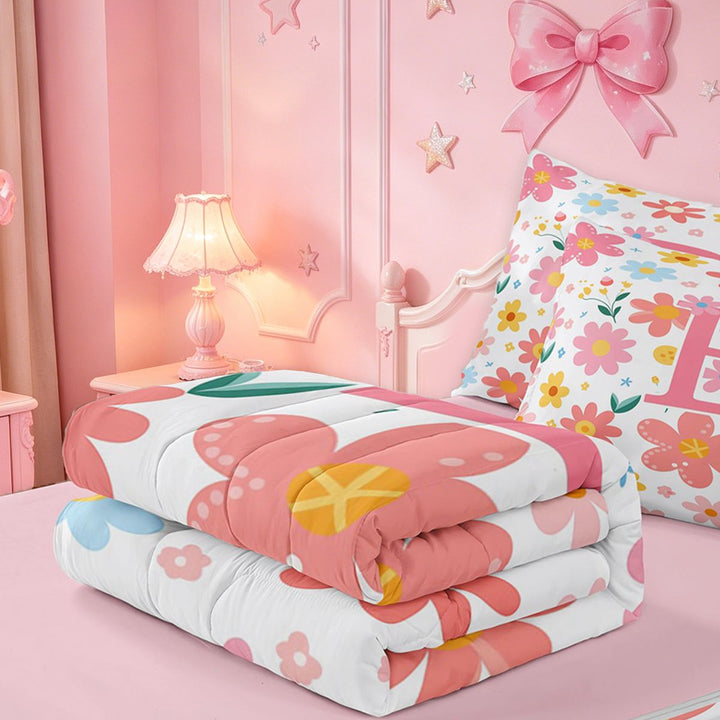 meiyoeat Colorful Cute Floral Print Zipper Twin Comforter Sets with Fitted Sheet and 2 Pillowcases For Kids,Pink Initial B Alphabet Design Zipper Bedding Set For Girls,pink Reversible,4-Piece