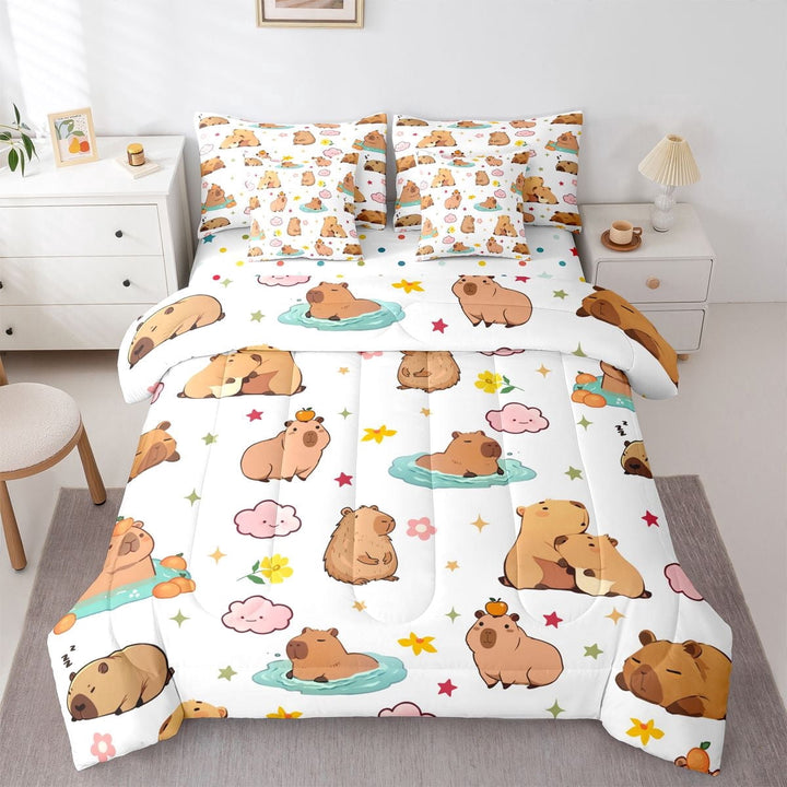 Erosebridal Kawaii Animal Capybara Twin Bedding Sets 7-Piece For Boys Girls,Kids Groovy Flowers Bedding Comforter Set,Microfiber Bedroom Decor