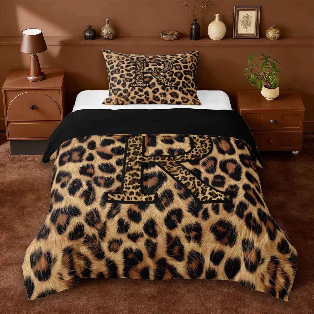Erosebridal Leopard Pattern Personalized Gifts Twin Comforter Sets,Brown Alphabet R Bedding Set For Adult Women,Reversible Black 2 Pieces