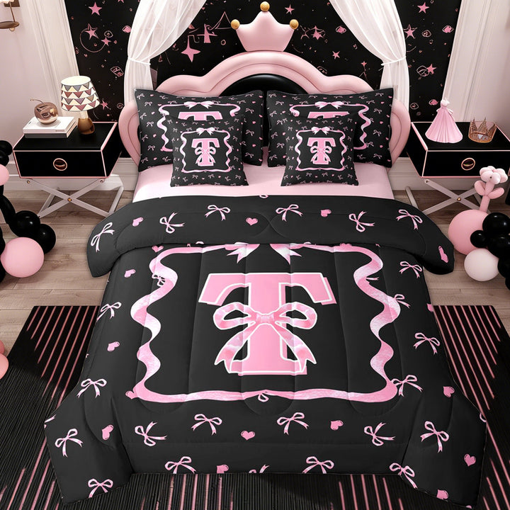 Erosebridal Black Pink Bow Twin Bedding Sets 7-Piece for Girls, Cartoon Letter T Bedding Comforter Set