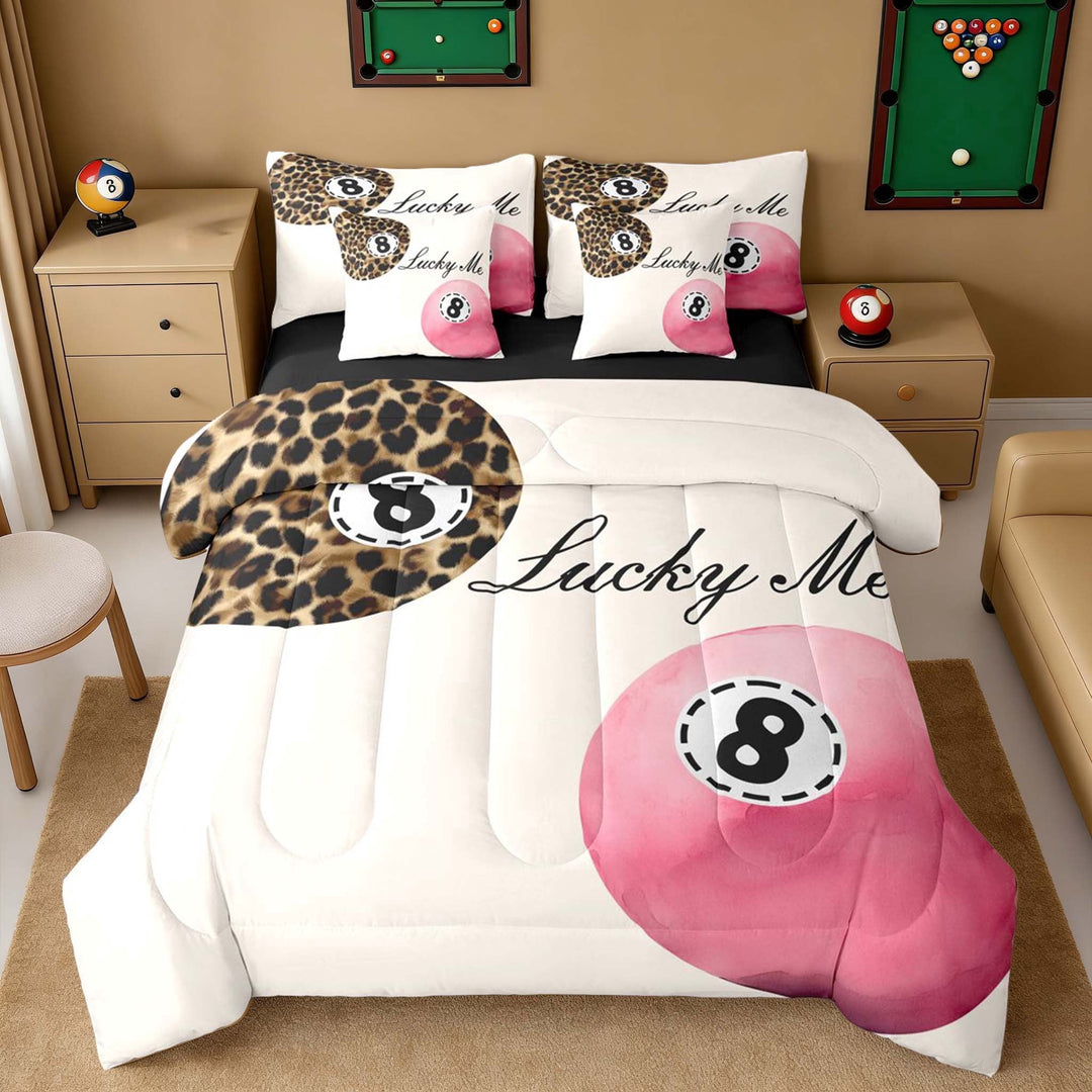 Erosebridal Leopard &amp; Pink 8 Ball Print Twin Bedding Sets, Sports Monogram Bedding Comforter Set for Girls, Black Reversible 7 Pieces