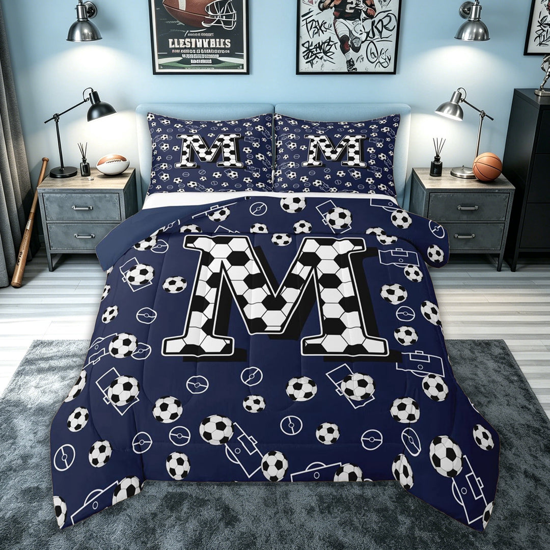 meiyoeat Soccer Letter M Full Size Comforter Sets for Boys, Sports Football Bedding Comforter Set for Kids, Navy Blue, Blue Reversible, 3 Pieces, 1 Comforter and 2 Pillowcases