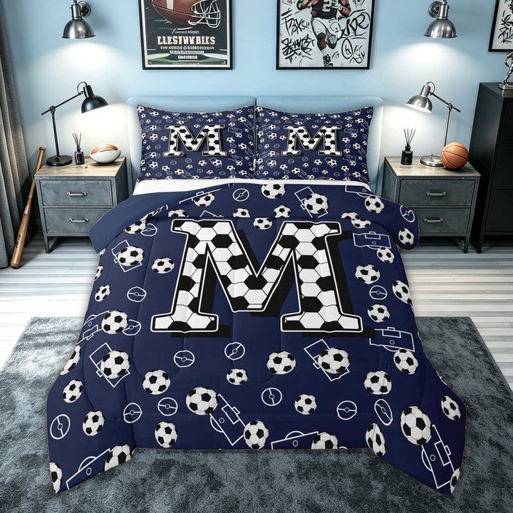 meiyoeat Soccer Letter M Full Size Comforter Sets for Boys, Sports Football Bedding Comforter Set for Kids, Navy Blue, Blue Reversible, 3 Pieces, 1 Comforter and 2 Pillowcases