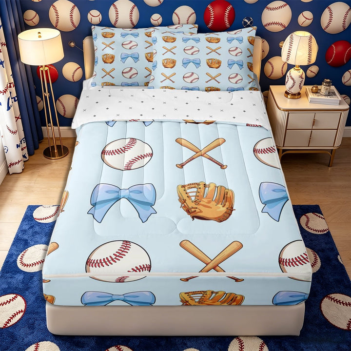 Meiyoeat Cute Baseball Bow Zipper Full Size Comforter Sets with Fitted Sheet and 2 Pillowcases, Sport Glove Print Zipper Bedding Set for Bedroom, Blue White,4pcs