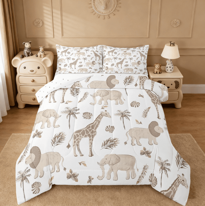 Manfei Jungle Animals Full Size Comforter Sets,Elephant Lion Giraffe Animal African Safari Animal Bedding Sets For Kids Reversible 3-Piece