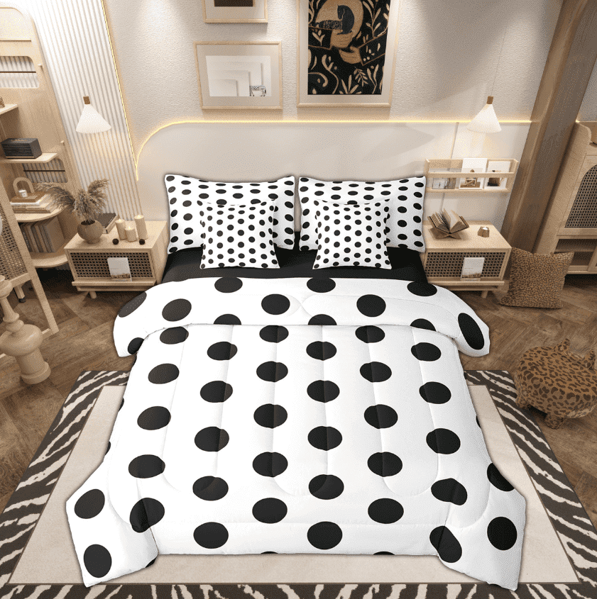 Manfei Polka Dot Bed in a Bag Full size for Teens, White Black Bedding Sets Full Size, Modern Fashion Reversible Bedding Full Size, Ultra Soft Room Decor, 7-Piece
