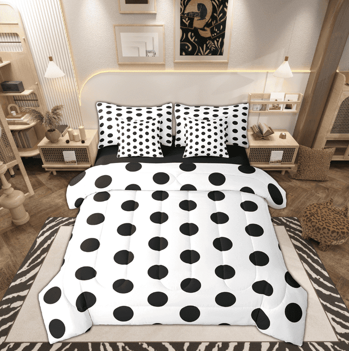 Manfei Polka Dot Bed in a Bag Full size for Teens, White Black Bedding Sets Full Size, Modern Fashion Reversible Bedding Full Size, Ultra Soft Room Decor, 7-Piece