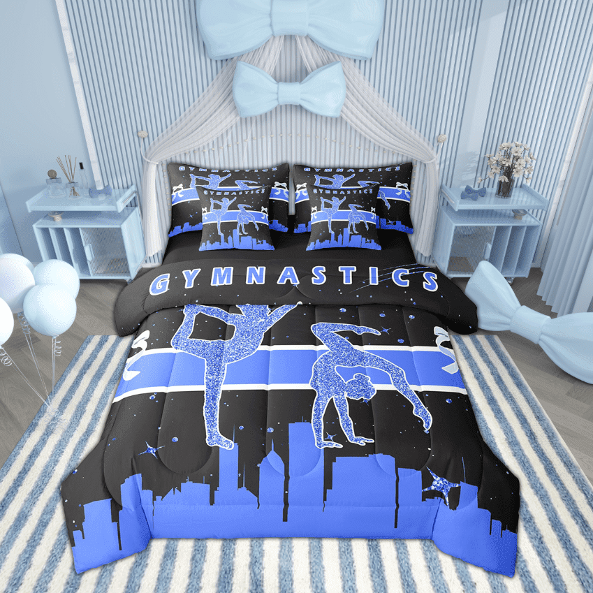 Gymnastics Bedding Queen Size 7-Piece Little Girls Comforter Set, Dance Princess Bedding Comforter Sets Sports Theme Bed in a Bag, Navy Blue Black Bedding Accessories Gymnast Home Decor Ultra Soft