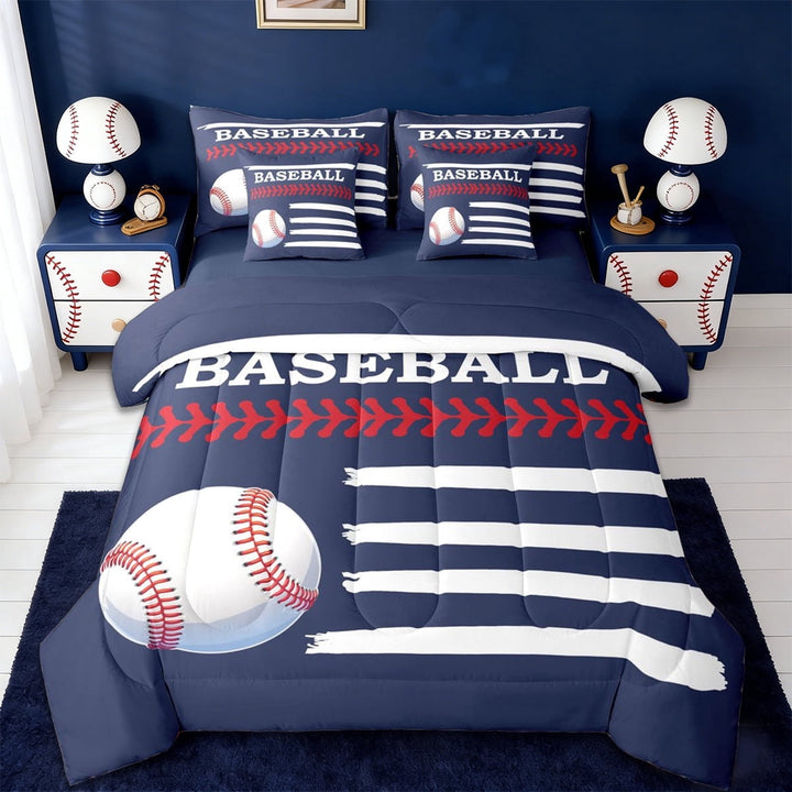 Erosebridal Kids Baseball 7-Piece Twin Bedding Sets,Boys Ball Games Bedding Comforter Set For Sport Gamer,Reversible navy blue