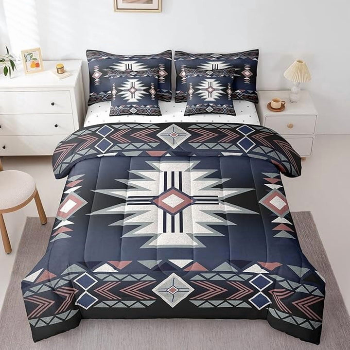 Southwestern 7Pcs Comforter Set Twin Size,Rustic Farmhouse Western Bedding Set,Adult Geometric Aztec Tribal Arrow Striped Quilt Sheets Dark Blue Red Vintage Bohemian 2 Pillow Cover,2 Pillowcase