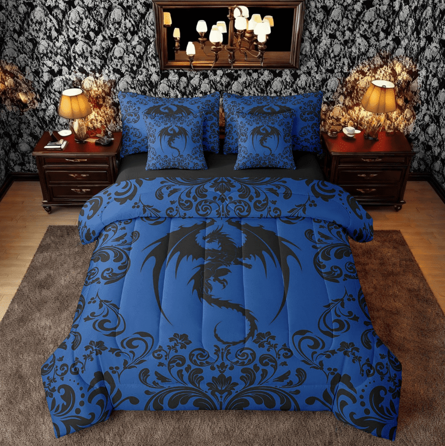 7 Piece Gothic Dragon Full Bedding Set Boho Goth Black Blue Damask Comforter Set With Sheets Teen Men Bohemian Exotic Floral Animal Bed In A Bag Retro Dragon Bed Set