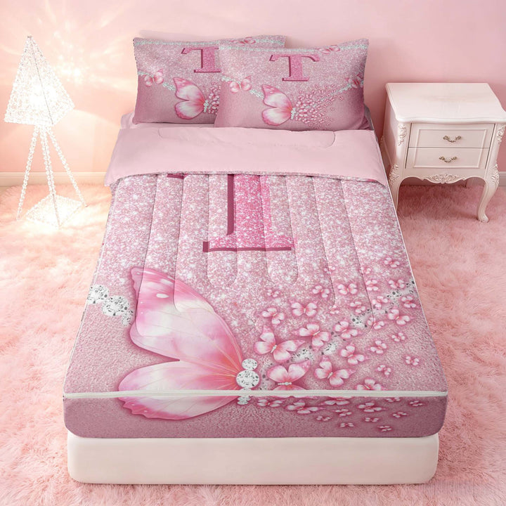 meiyoeat Pink Glitter Butterfly Monogrammed T Zipper Twin Comforter Sets with Fitted Sheet and 2 Pillowcases for Girls, Sparkle Floral Initial Letter Zipper Bedding Set, Pink Reversible