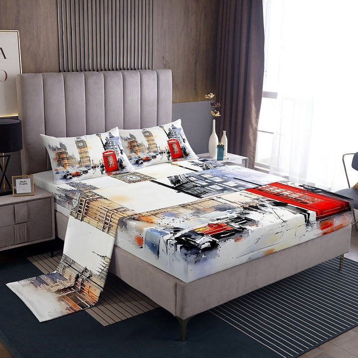 Erosebridal London Theme Bed Sheets King,Retro Telephone Booth Bedding King Size,Big Ben Decor,Super Cozy,4pcs