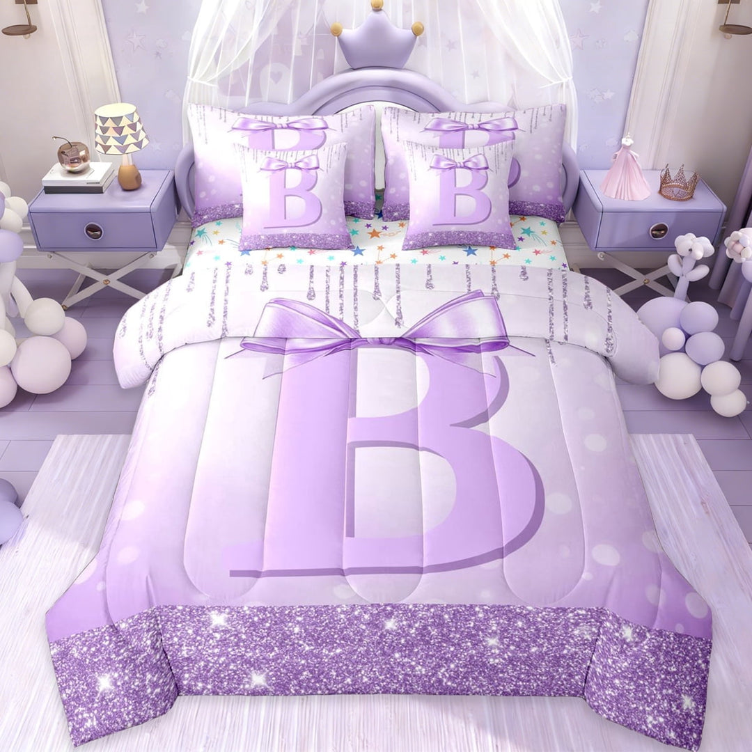 Erosebridal Cute Purple Bowknot Kids 7-Piece Bedding Comforter Set,Initial Alphabet B King Bedding Sets For Bowtie Girls,Colorful Stars Reversible