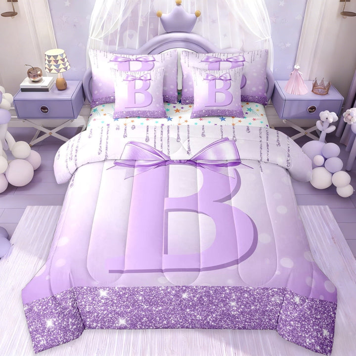 Erosebridal Cute Purple Bowknot Kids 7-Piece Bedding Comforter Set,Initial Alphabet B King Bedding Sets For Bowtie Girls,Colorful Stars Reversible