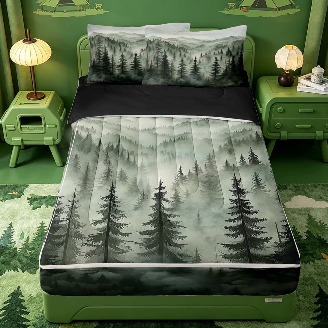 meiyoeat Green Pine Green Zipper Twin Comforter Sets with Fitted Sheet and 2 Pillowcases For Girls,Nature Scenery Zipper Bedding Set For Adults,Black Reversible,4 Pieces