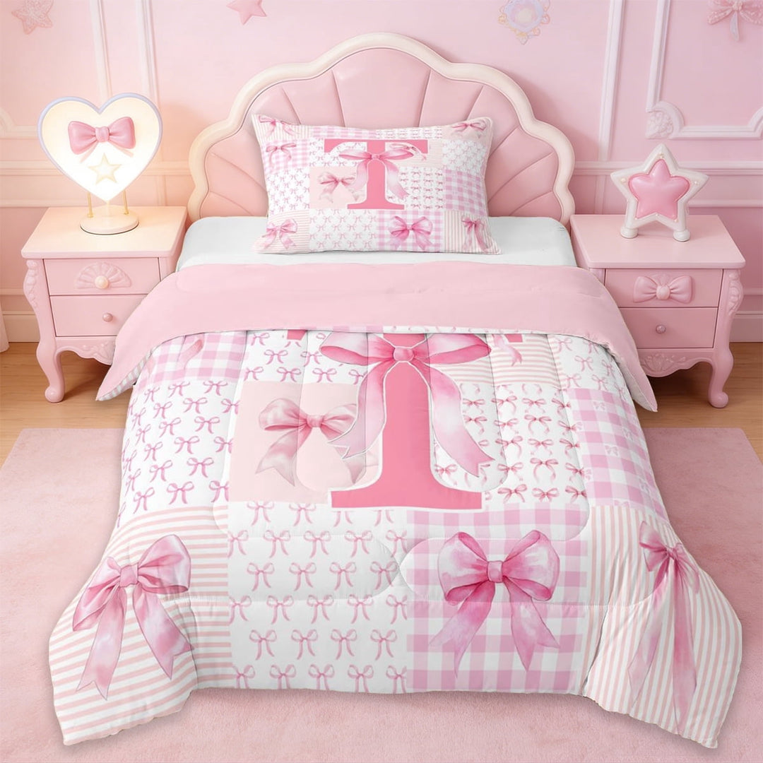 Erosebridal Pink Initial Letter T Kids Twin Comforter Sets,Geometric Checkered Cute Bowtie Bedding Set For Girls,Pink Reversible,2 Pieces