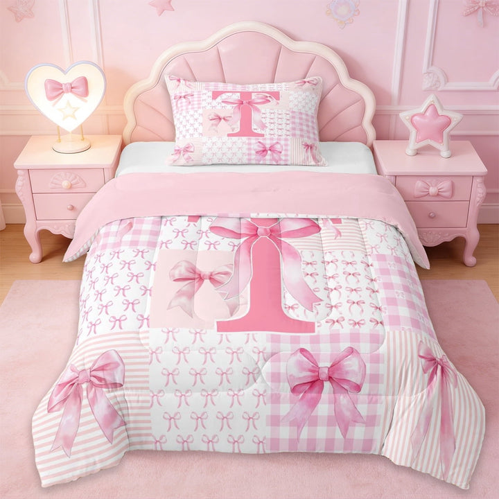 Erosebridal Pink Initial Letter T Kids Twin Comforter Sets,Geometric Checkered Cute Bowtie Bedding Set For Girls,Pink Reversible,2 Pieces