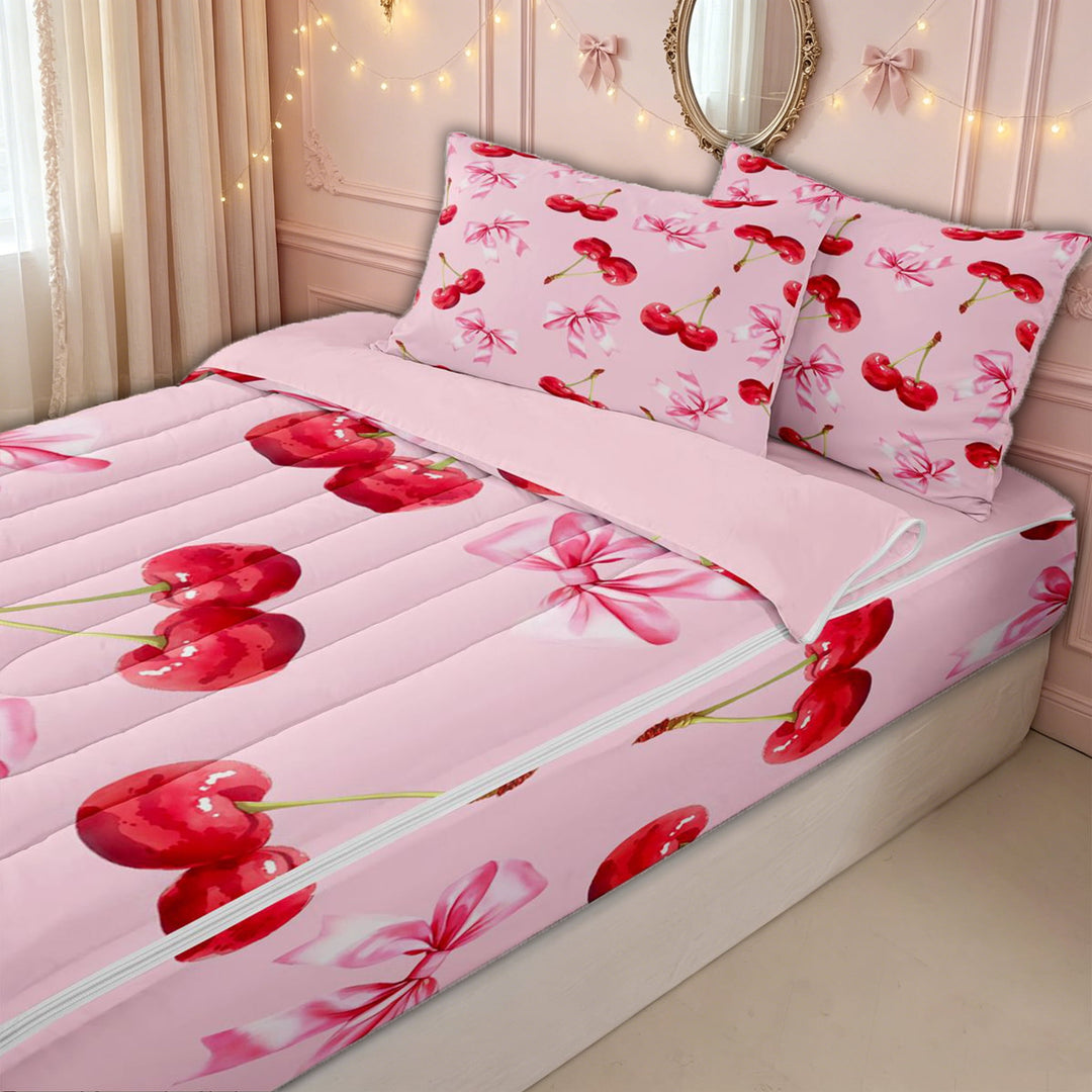 meiyoeat Cute Cherry Zipper Twin Comforter Sets with Fitted Sheet and 2 Pillowcases for Kids Girls, Red Pink Bow Zipper Bedding Set for Bedroom, Pink ReversibleG