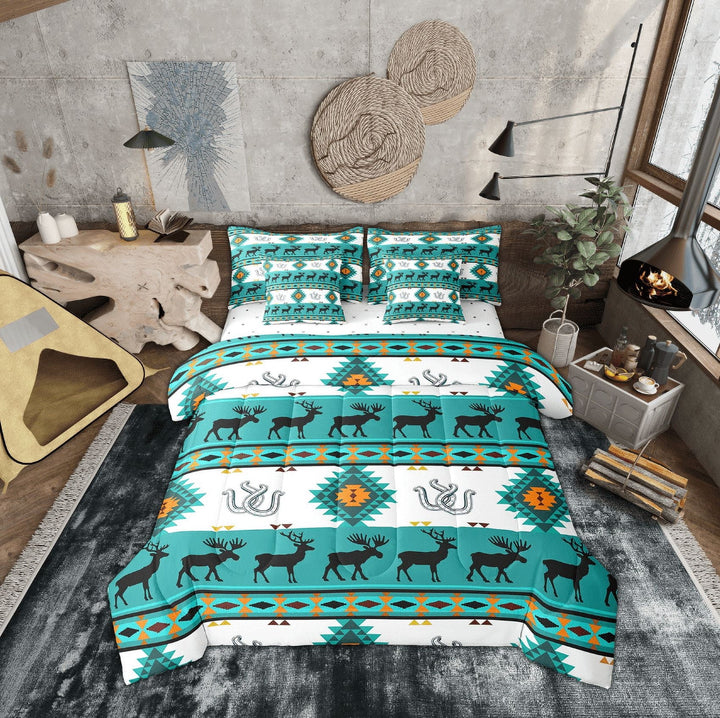 Erosebridal Teal Aztec Bed in a Bag Twin Size, Hippie Farmhouse Lodge Cabin Bed Set, Moose Print Room Decor, Reversible 7 Pieces