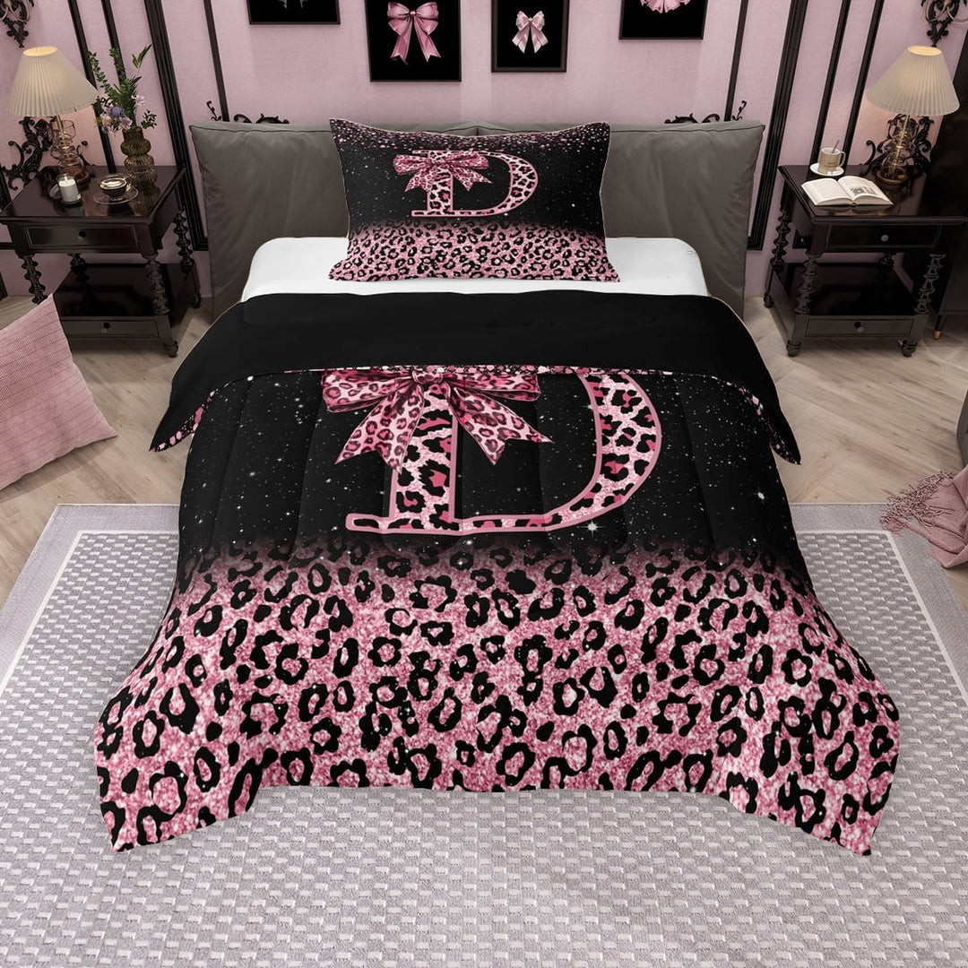 Erosebridal Cute Pink Leopard Print Twin Comforter Sets for Girls, Bowknot Letter D Bedding Set, Black Reversible 2 Pieces, 1 Comforter and 1 Pillowcase