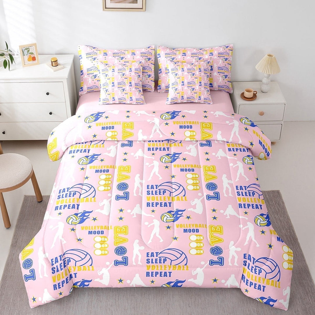 Manfei Eat Sleep Volleyball 7 Pieces Bedding Comforter Set,Ball Gamer Full Bedding Set Lightweight,Blue Pink Fitted Sheet Flat Sheet,Breathable Sport Bedroom Decoration,Reversible
