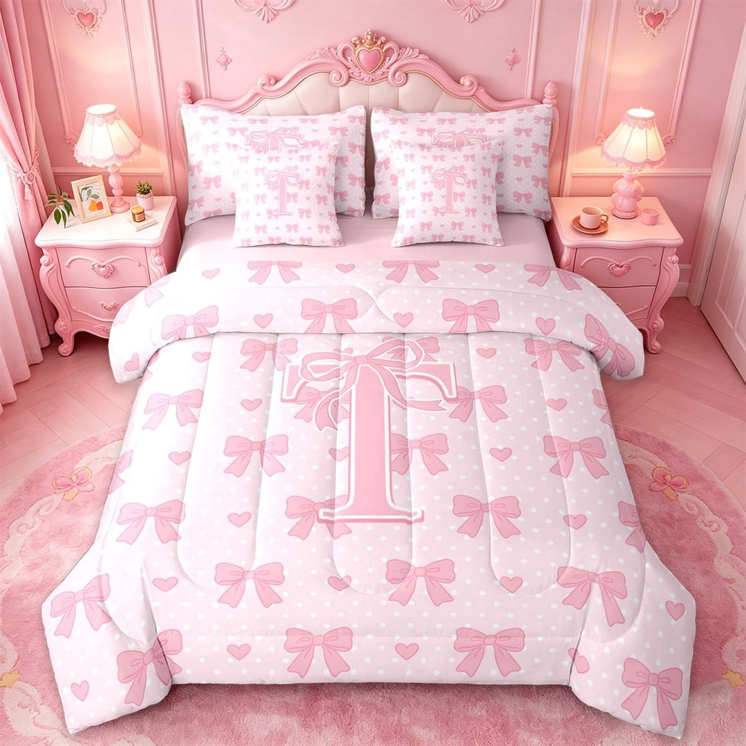 Manfei Pink Letter T Alphabet 7 Pieces Bedding Comforter Set For Kids,Cute Coquette Bowknot Full Bedding Set For Girl,Pink Reversible