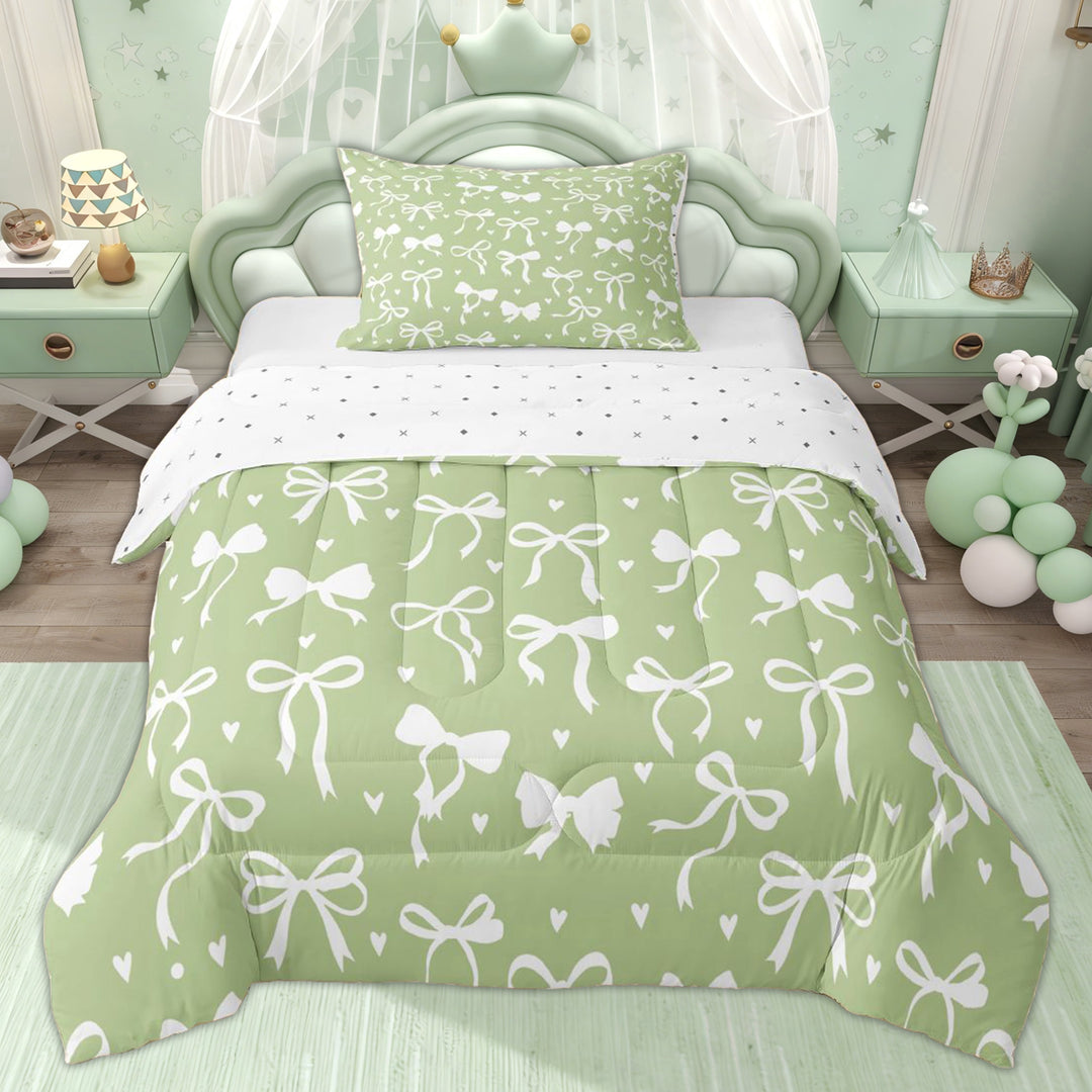 Erosebridal Princess Bowknot Girls Twin Comforter Sets, Green Cartoon Love Heart Bedding Set, 2 Pieces