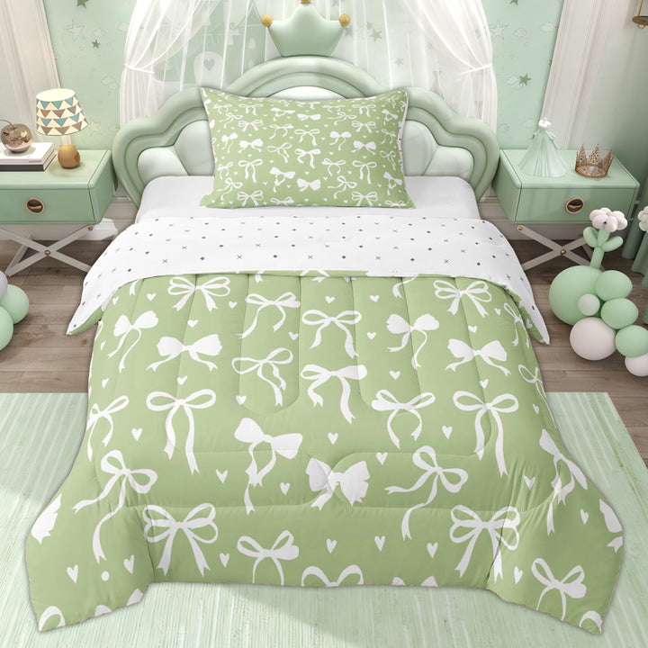 Erosebridal Princess Bowknot Girls Twin Comforter Sets, Green Cartoon Love Heart Bedding Set, 2 Pieces