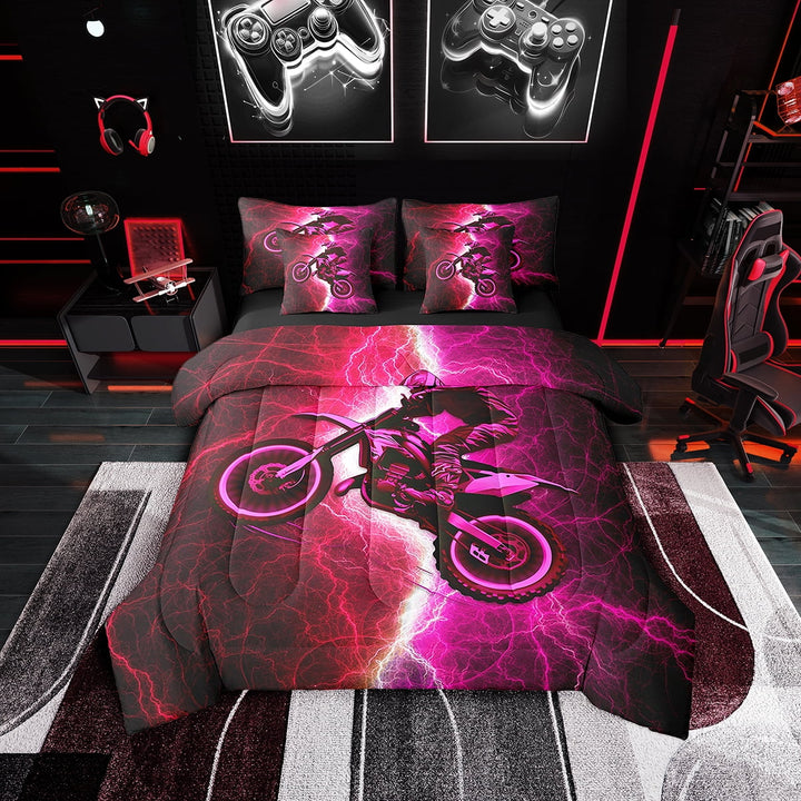 Erosebridal Speed Dirt Bike Bedding Full Size 7pcs , Lightning Comforter Sets with Sheets, Microfiber