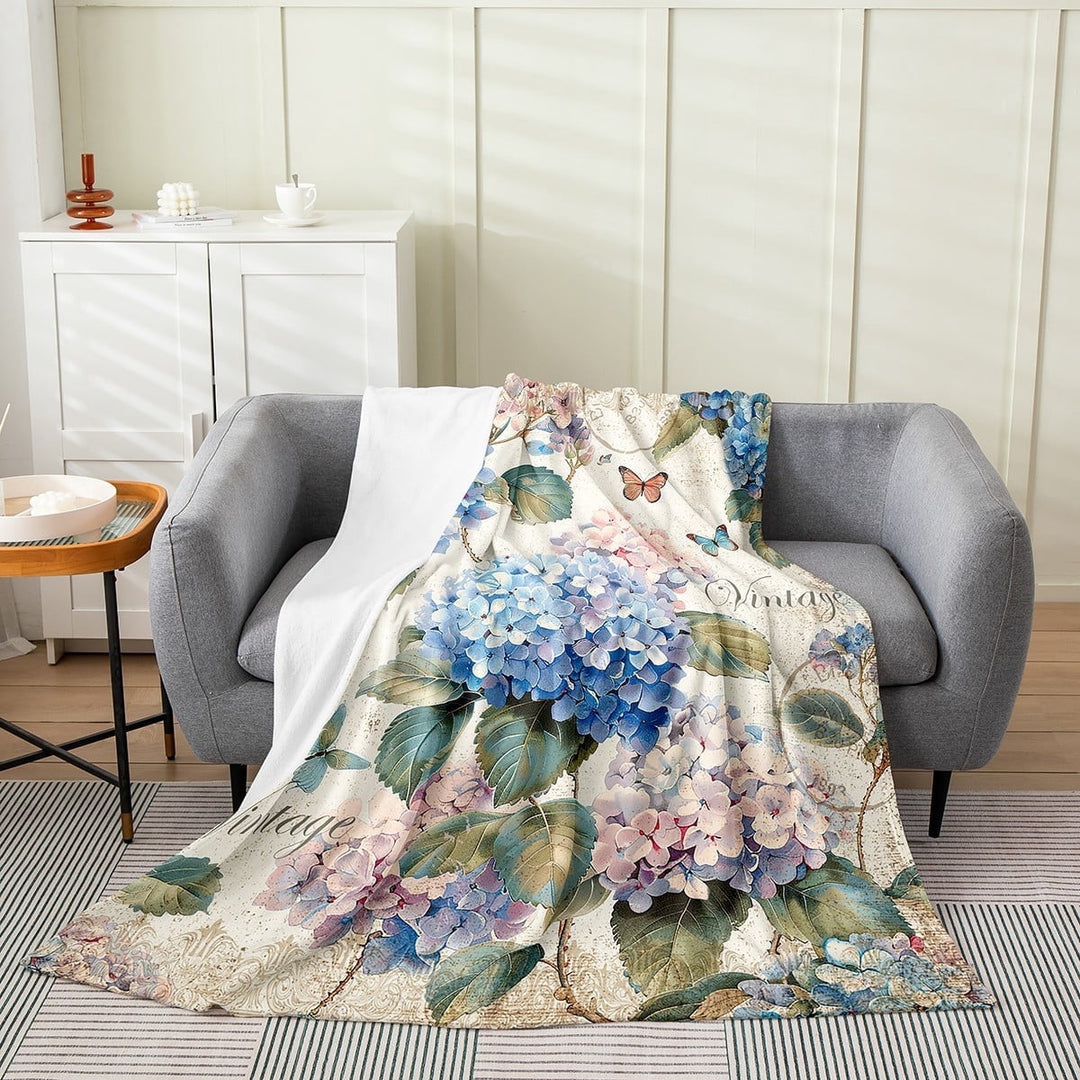 Blue Pink Hydrangea Blanket Woman,Flying Butterfly Throw Blanket Throw 50x60 Inch,Vintage Floral Plants Fleece Blanket,Spring Garden Theme Flannel Blanket Warm